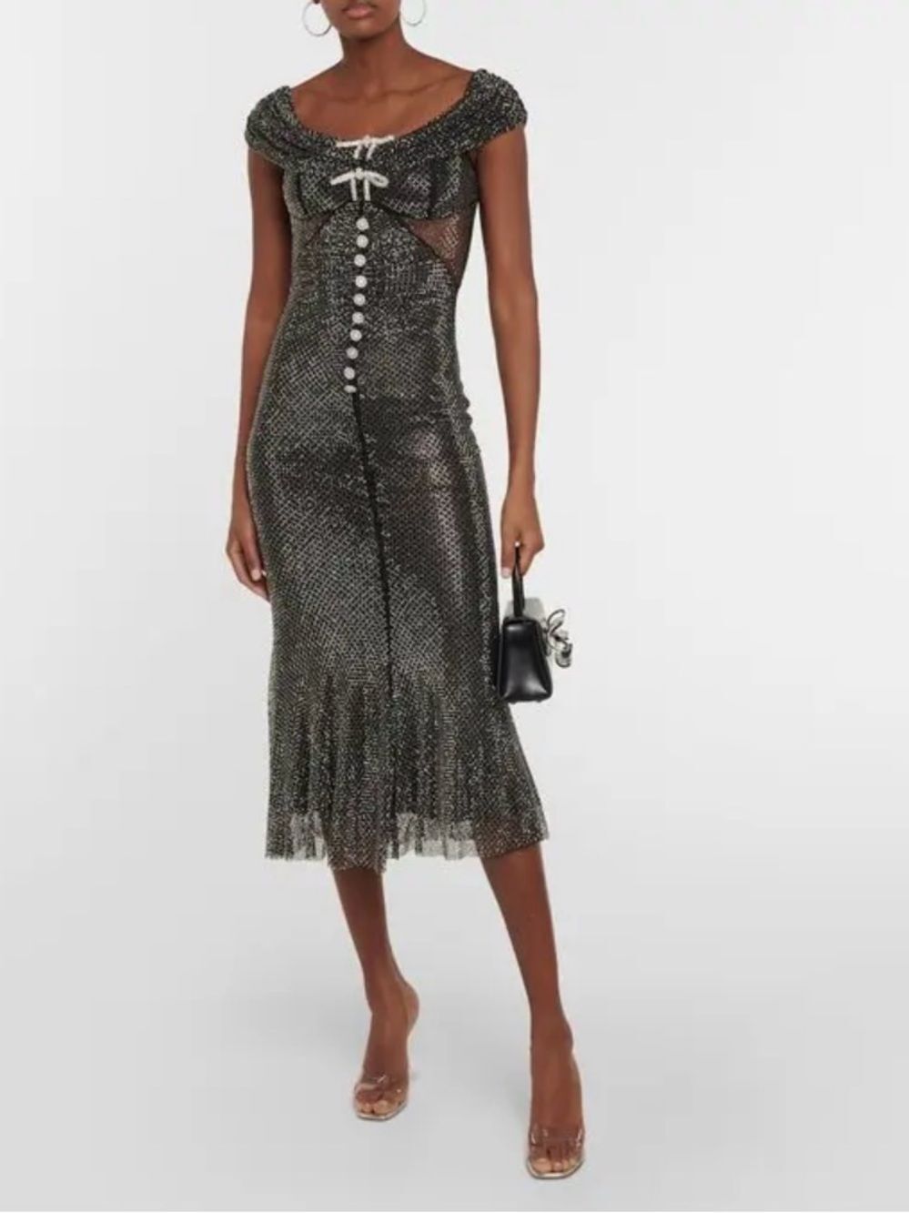 Self-Portrait Rhinestone-Embellished Metallic Fishnet Midi Dress size 8